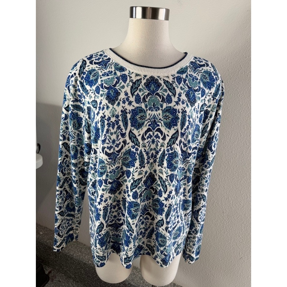 Croft & Barrow Womens Plus XXL Blue White Floral Crew Neck Knit Sweater